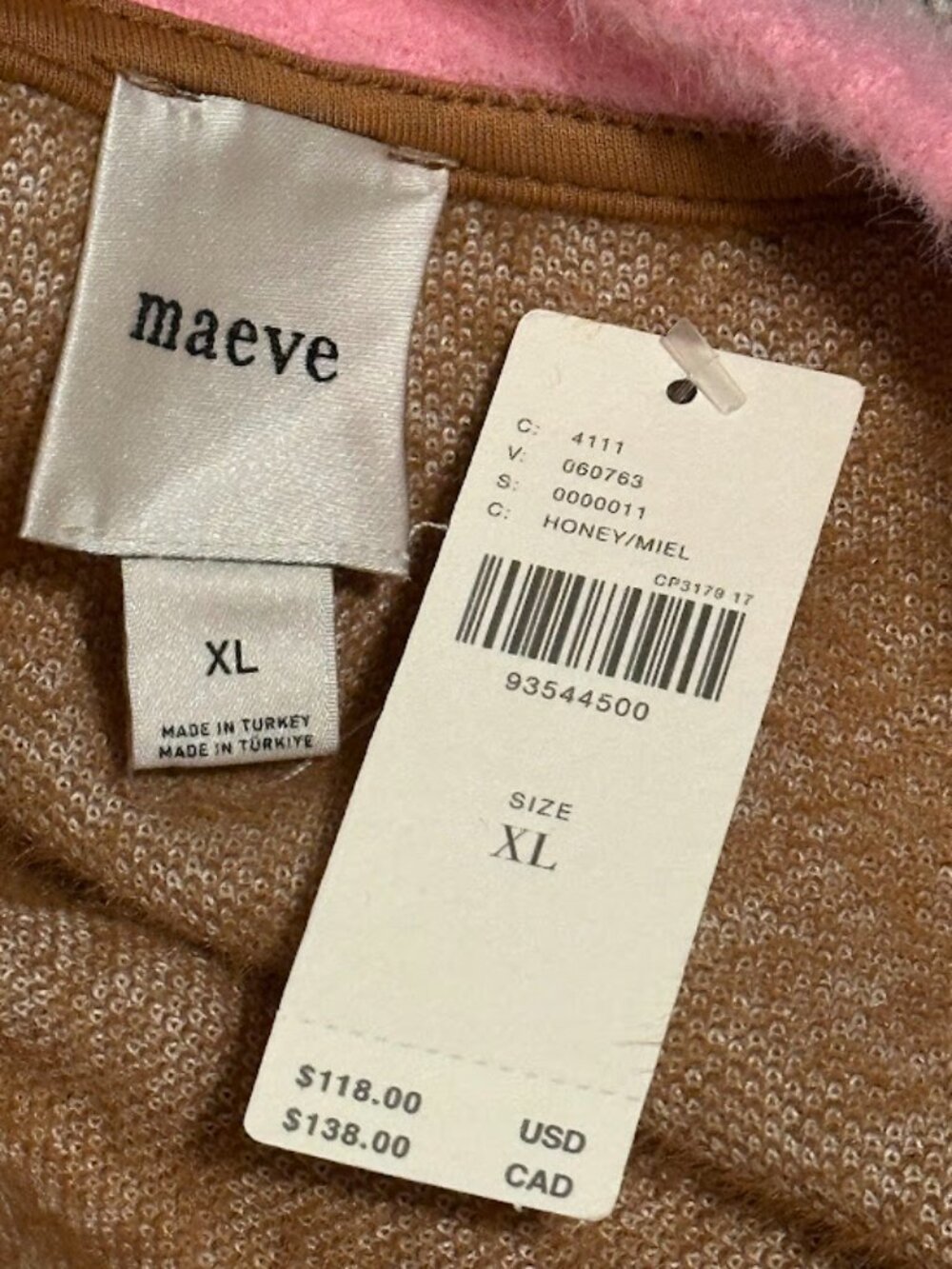 Anthropologie Maeve Cozy Ringer Fuzzy Sweatshirt Honey Brown and Pink NWT XL - Picture 2 of 5